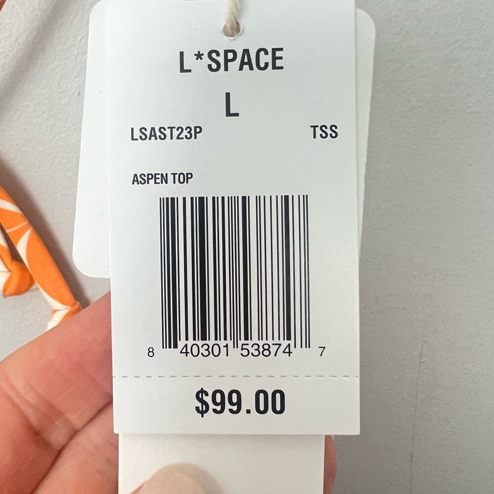 NWT l*space Aspen Bikini Top Tesselation Orange White sz L Triangle Adjustable - Picture 8 of 9
